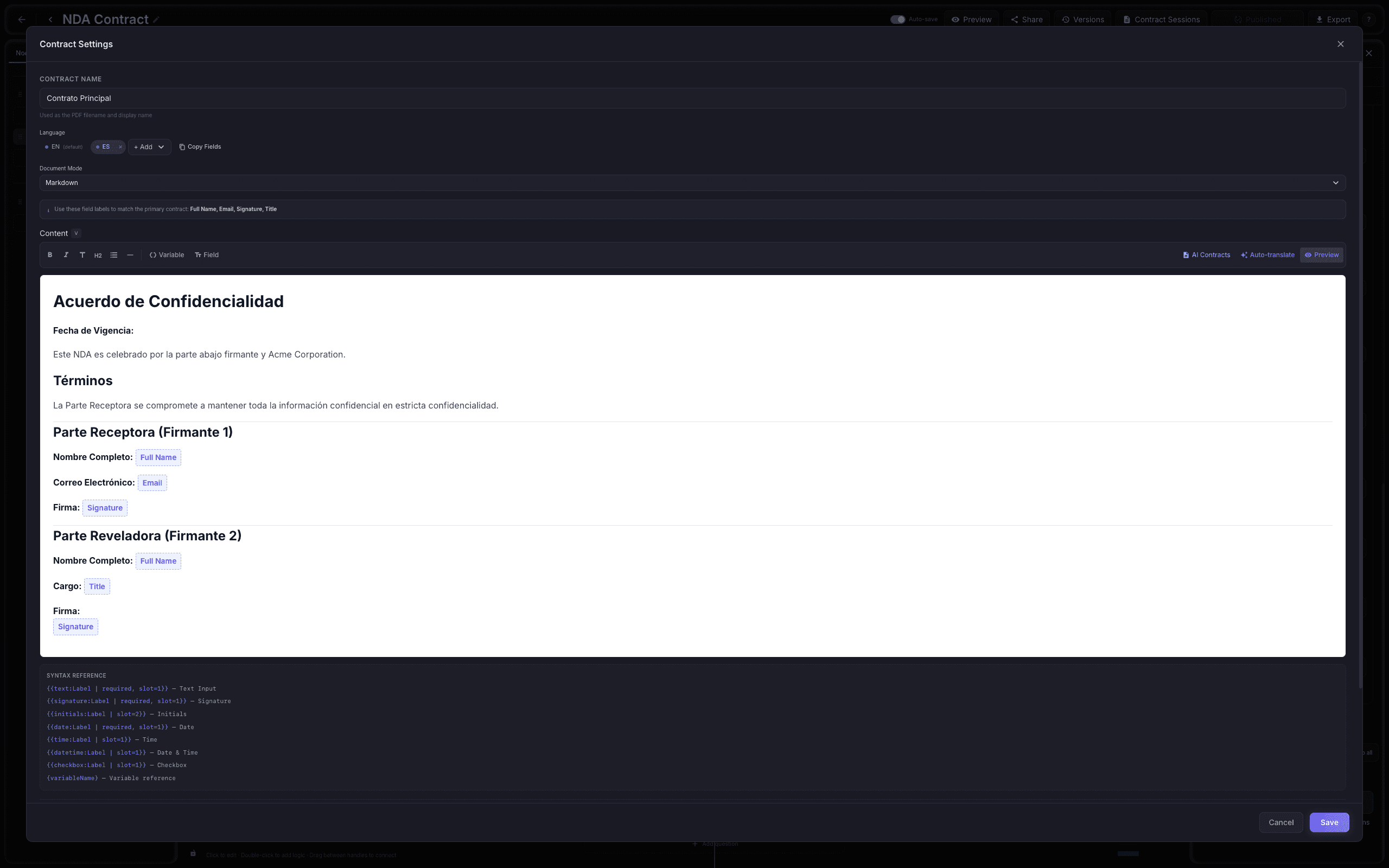 Markdown मोड में अनुबंध संपादक, इनलाइन हस्ताक्षर फ़ील्ड और रंग-कोडित हस्ताक्षरकर्ता स्लॉट के साथ