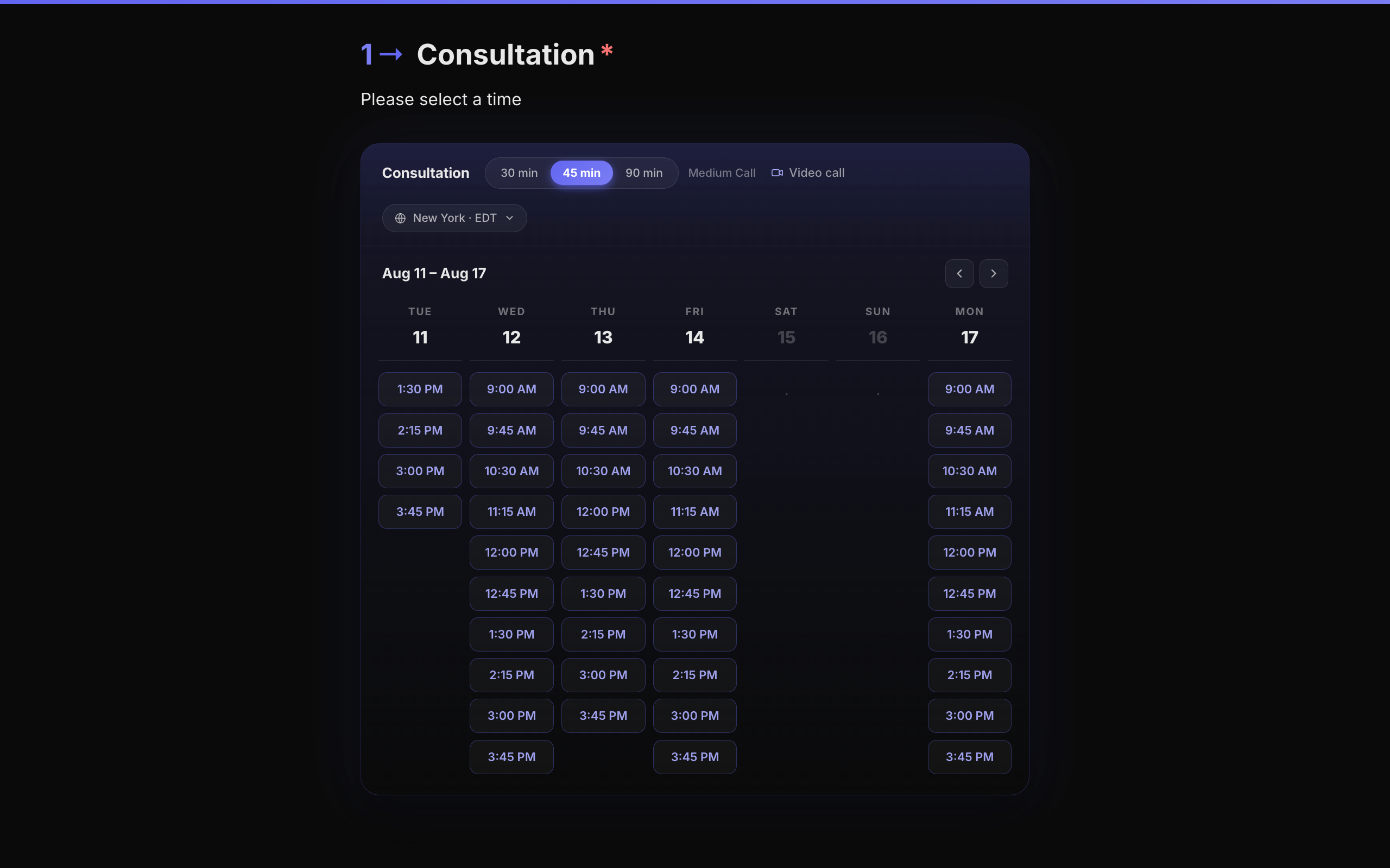 A booking calendar showing selectable time slots inside a form
