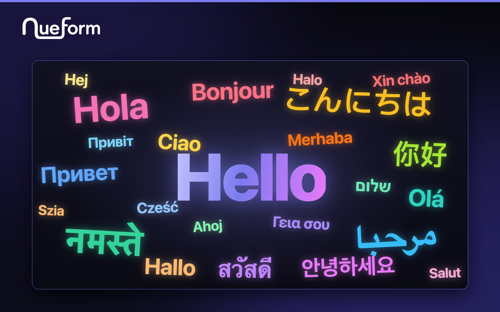 The word Hello written in many languages and colors on a dark NueForm card
